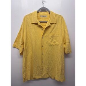Tommy Bahama Camp Shirt Large Yellow 100% Silk Hawaiian Wooden Button Casual #46